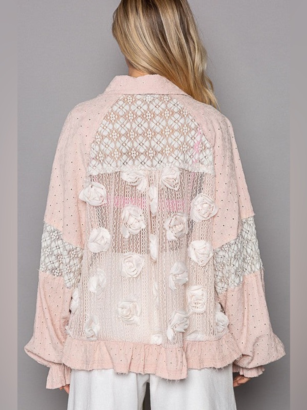POL Sheer Lace Floral Applique Coquette Fairycore Boho Embellished Jacket